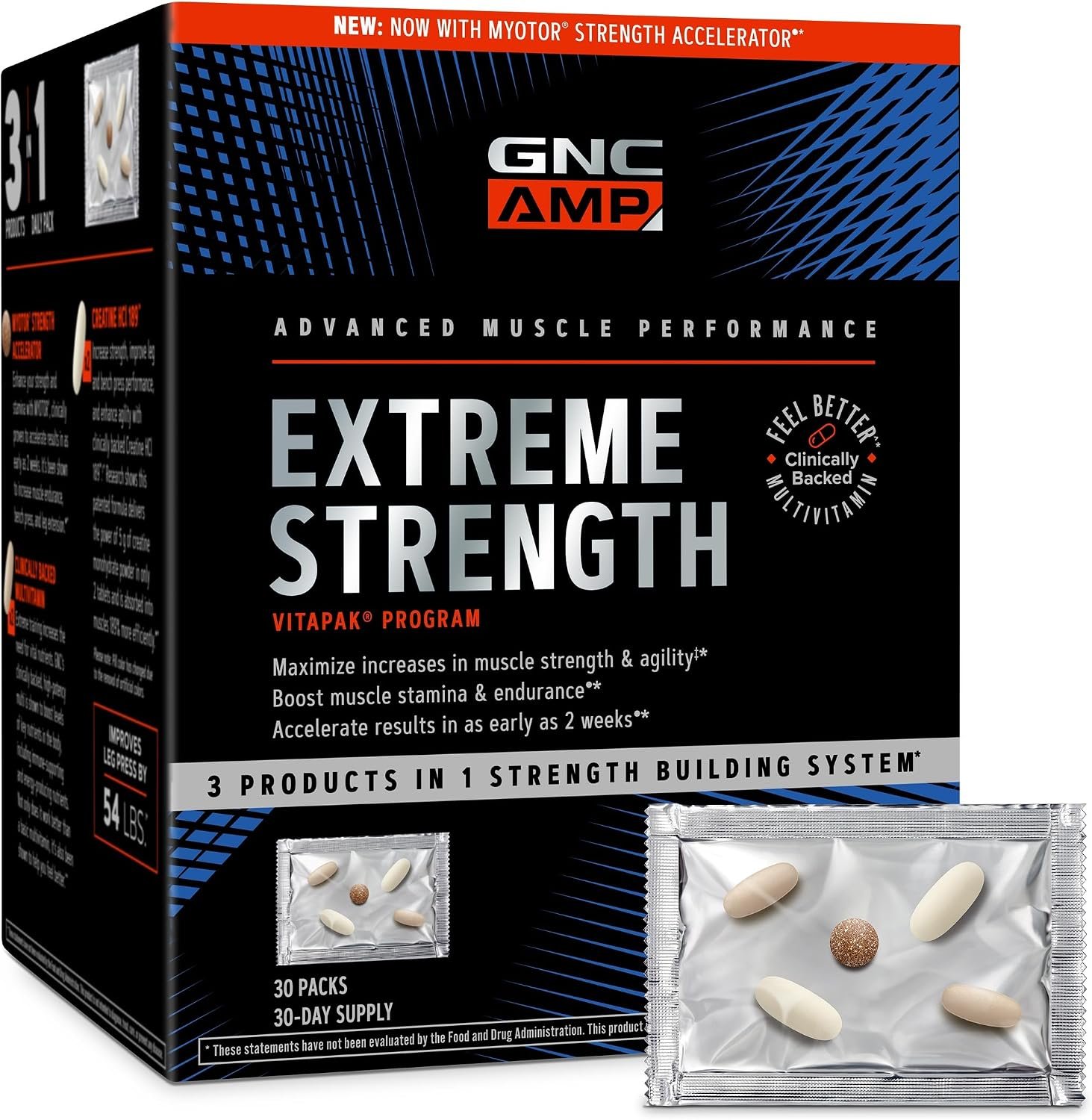 GNC AMP Extreme Strength Vitapak Program, 3-in-1 System, 30 Ct, 30 Srvgs
