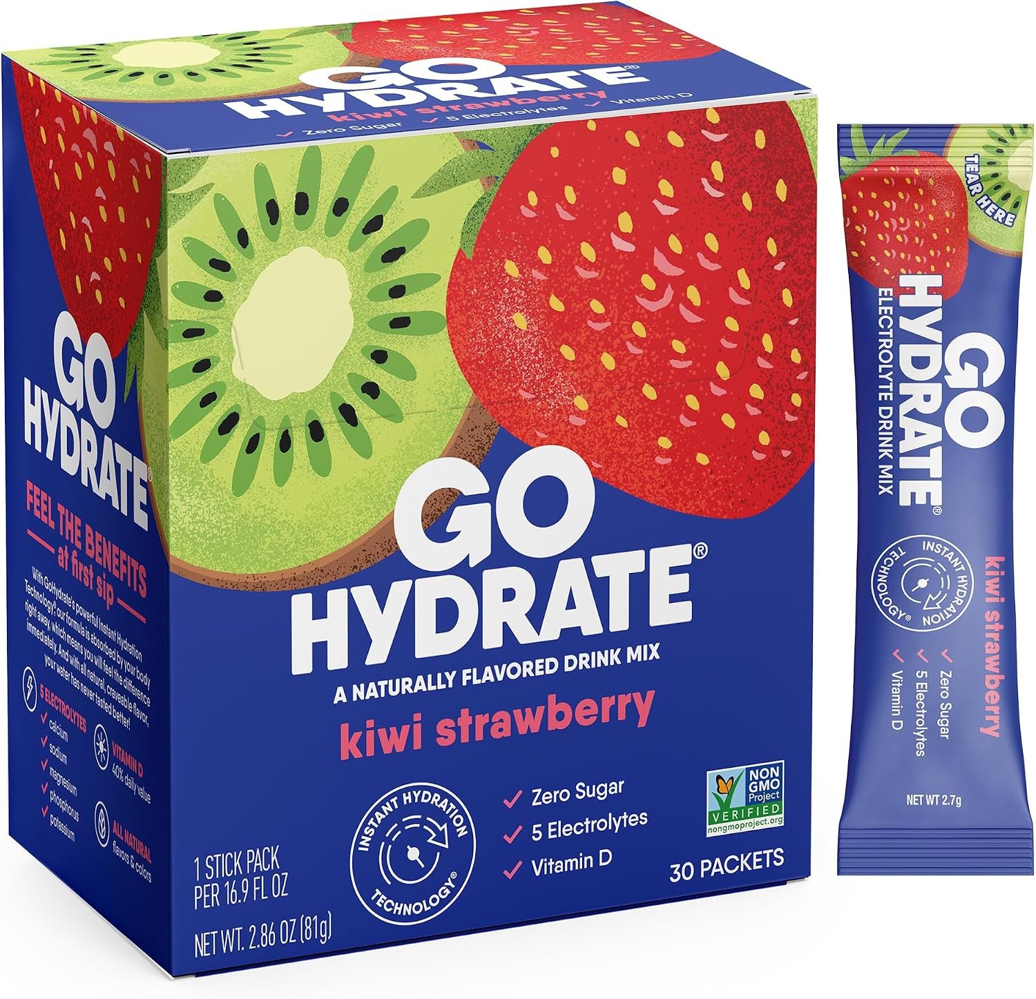 GoHydrate Instant Hydration Powder Packets – Low Sodium Electrolytes Drink Mix – Natural Hydration Support, Sugar Free Electrolyte Flavored Powder Drink with Vitamin D, 30 Packs, Kiwi Strawberry