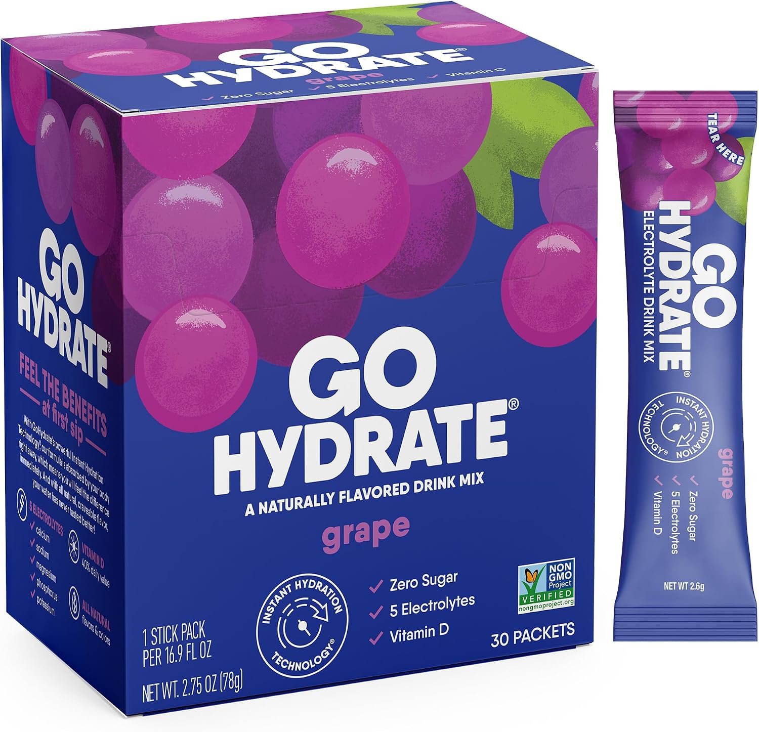GoHydrate Instant Hydration Powder Packets – Low Sodium Electrolytes Drink Mix – Natural Hydration Support, Sugar Free Electrolyte Flavored Powder Drink with Vitamin D, 30 Packs, Grape